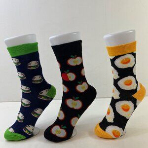 Unisex Crew Socks Set 3 Burgers Apples Eggs Print Black Green Yellow White